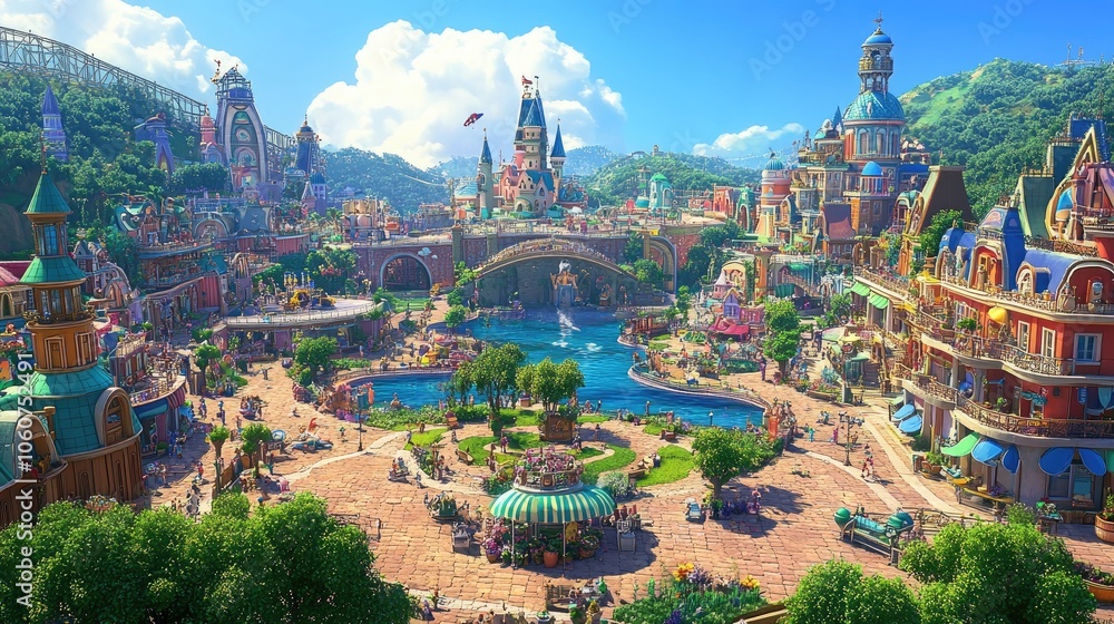 Fototapeta premium Colorful Cartoon City with High Angle View