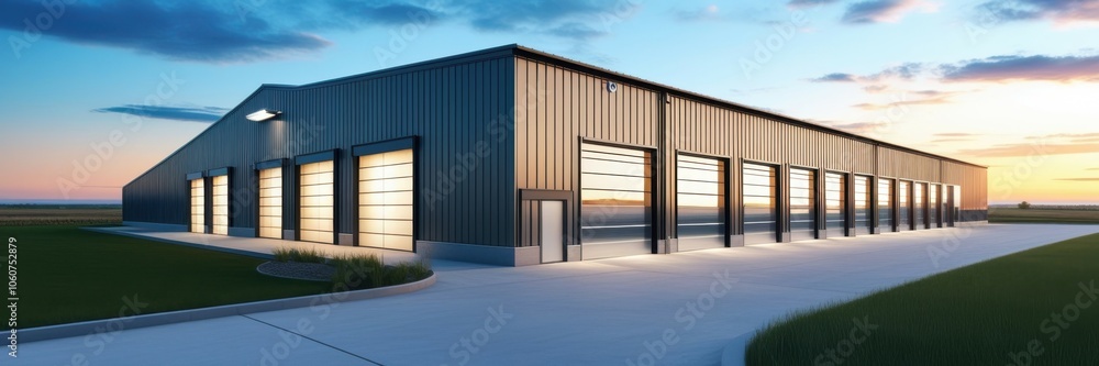 Industrial warehouse, loading docks, sunset sky, modern architecture, metal siding, concrete structure, evening light, logistics center, commercial building, distribution facility, cargo doors, reflec Industrial warehouse, loading docks, sunset sky, modern architecture, metal siding, concrete structure, evening light, logistics center, commercial building, distribution facility, cargo doors, reflec