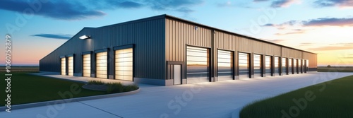 Industrial warehouse, loading docks, sunset sky, modern architecture, metal siding, concrete structure, evening light, logistics center, commercial building, distribution facility, cargo doors, reflec