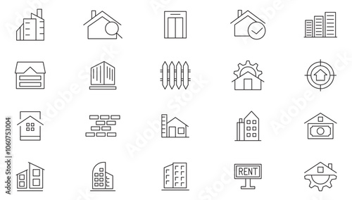 Real Estate line icon set. Housing, builder, crane, rental of premises, insurance, realty, measure, buying, renting, town house, museum line icon set. UI thin line icon pack.