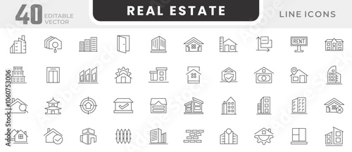 Real Estate line icon set. Housing, builder, crane, rental of premises, insurance, realty, measure, buying, renting, town house, museum line icon set. UI thin line icon pack.