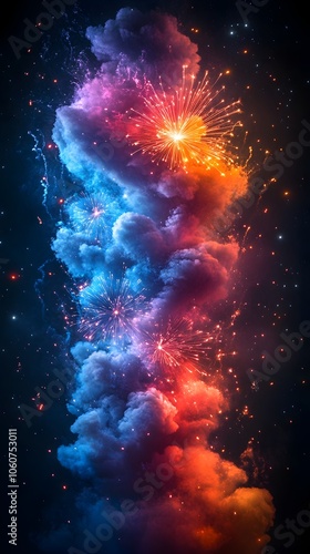 Captivating New Year s Fireworks Display in Vibrant Cosmic Backdrop photo