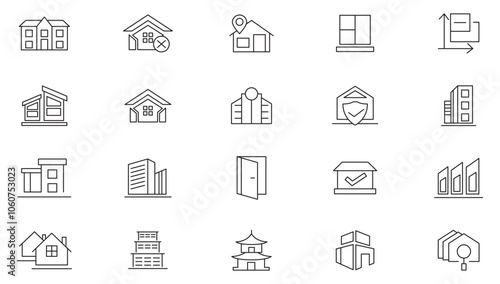 Real Estate line icon set. Housing, builder, crane, rental of premises, insurance, realty, measure, buying, renting, town house, museum line icon set. UI thin line icon pack.