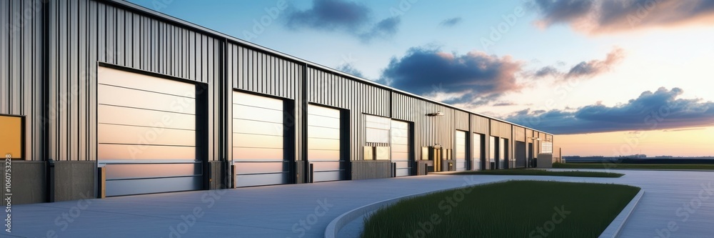 Fototapeta premium Industrial warehouse, loading docks, sunset sky, modern architecture, metal siding, concrete structure, evening light, logistics center, commercial building, distribution facility, cargo doors, reflec