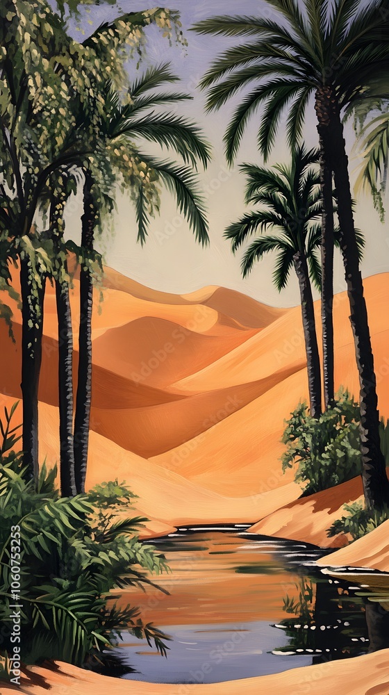 Fototapeta premium A desert oasis with palm trees and water, painted in the style of vintage poster art. The orange sand dunes loom behind it, creating an exotic atmosphere