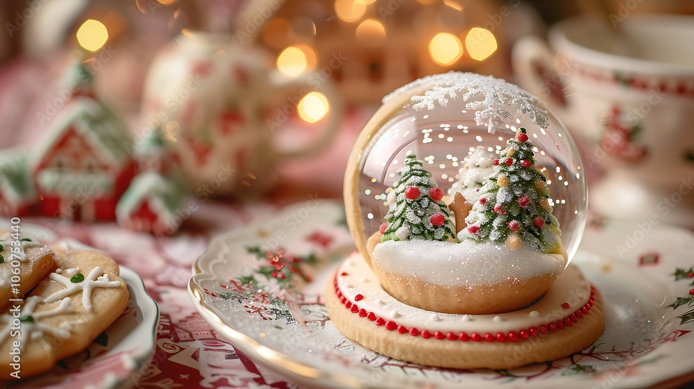 A charming snowglobe cookie with a glittering sugar coating, showcasing a miniature winter wonderland, resting on a cozy holiday-themed tablecloth, with other festive treats in the background A charming snowglobe cookie with a glittering sugar coating, showcasing a miniature winter wonderland, resting on a cozy holiday-themed tablecloth, with other festive treats in the background
