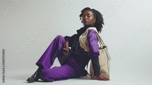 Studio photograph of a stylish Black woman posing in a purple and beige outfit with a large handbag