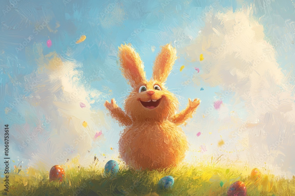 A cheerful furry bunny stands on a grassy hill surrounded by colorful eggs and confetti under a bright sky during spring festivities A cheerful furry bunny stands on a grassy hill surrounded by colorful eggs and confetti under a bright sky during spring festivities