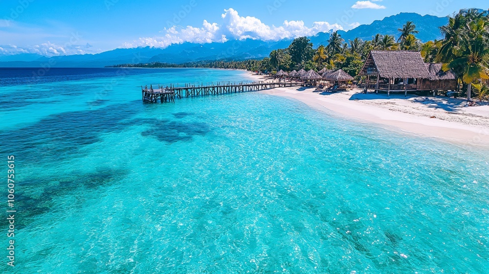 Fototapeta premium Discover the serenity of a tropical island landscape featuring a palm-fringed beach and crystal-clear waters perfect for relaxation and adventure