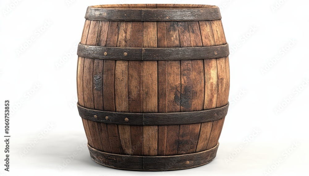 Obraz premium Old wooden barrel isolated on a white background showcasing rustic charm