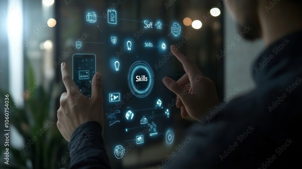 Businessman in front of virtual screen with icons of skills for teamwork. Businessman in front of virtual screen with icons of skills for teamwork.