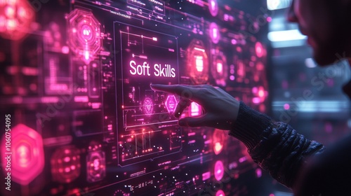 Businessman interacts with interface displaying 