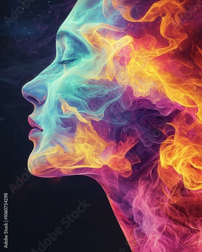 Colorful smoke forming a woman's profile in abstract art.