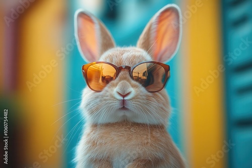 cool bunny wearing trendy sunglasses set against a vibrant and colorful background exuding a playful and laidback vibe in a fun cartoon style