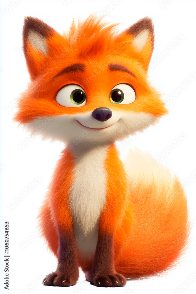 Fototapeta premium A bright orange fox , with a cheerful expression, 100% white background , with vibrant colors and a cartoonish style