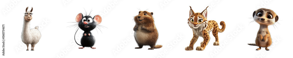 Collection set of animals Llama Mouse Beaver Lynx Meerkat isolated on transparent background 3D style Collection set of animals Llama Mouse Beaver Lynx Meerkat isolated on transparent background 3D style