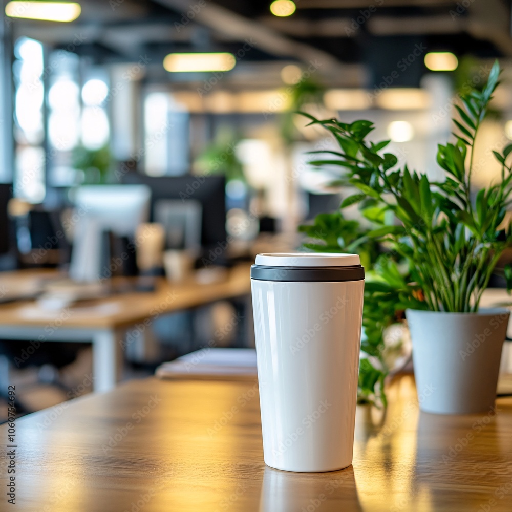 A modern office scene featuring a white coffee cup on a wooden table next to a potted plant, reflecting a productive work environment. A modern office scene featuring a white coffee cup on a wooden table next to a potted plant, reflecting a productive work environment.