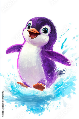 
A bright purple penguin sliding on ice, with a joyful expression, with vibrant colors and a cartoonish style , set on a white background