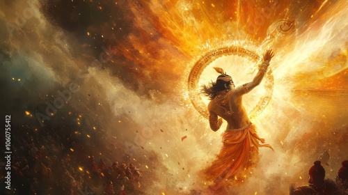 Sudarshan Chakra, the cosmic weapon of Krishna, blazing with radiant energy, as it tears through armies in an epic mythological battle, the divine power of Krishna shaping the cosmos