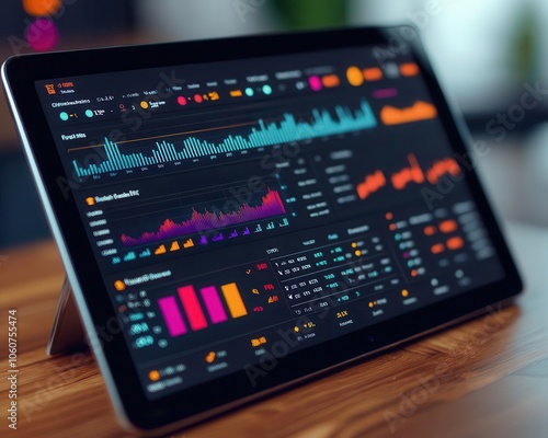 Tablet displaying asset performance dashboard, wealth management insights, modern tech setup