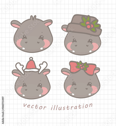 hippo, cartoon, cute, animal, hippo head, baby, illustration, children, drawing, character, vector, gift, present, holiday, box, , pink, green, bow, funny, adorable, face, mascot, 