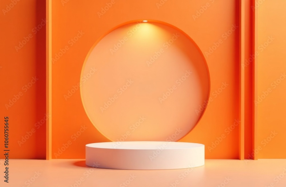 3D orange cylinder podium background with white pedestal in circle window and vertical pattern scene 3D orange cylinder podium background with white pedestal in circle window and vertical pattern scene