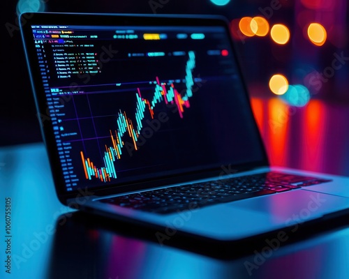 Portfolio with asset distribution chart on laptop, wealth management, professional atmosphere