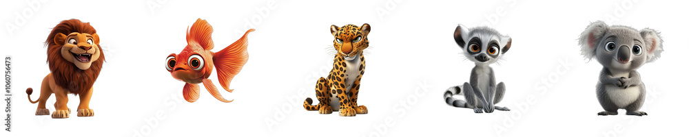 Collection set of animals Lion Betta Leopard Lemur Koala isolated on transparent background 3D style Collection set of animals Lion Betta Leopard Lemur Koala isolated on transparent background 3D style