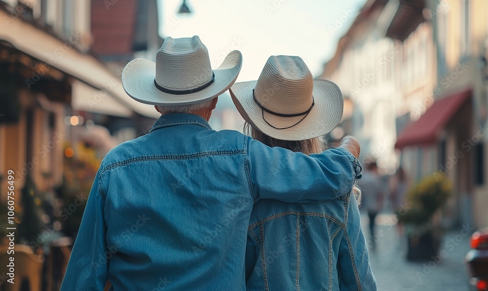 Back view of senior couple in denim shirts and cowboy hats walking arm around... Back view of senior couple in denim shirts and cowboy hats walking arm around...