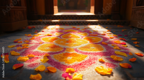 Close-up of a vibrant Pongal rangoli crafted with colorful flower petals and rice flour at a home entrance, with soft sunlight casting gentle shadows over the intricate design photo