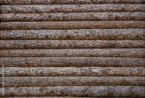 Wooden wall made of hewn patterned pine logs as a background texture. photo