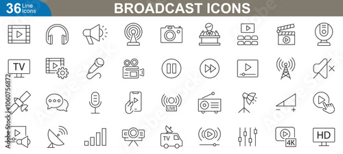 Broadcast line icons set. Live streaming, radio, television, podcast, news, signal, video and more. vector illustration.