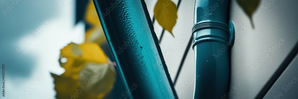 Train tracks, metal rails, sleek modern design, leaves in foreground, teal tones, blurred background, shallow depth of field, close-up perspective, industrial aesthetic, transportation infrastructure, Train tracks, metal rails, sleek modern design, leaves in foreground, teal tones, blurred background, shallow depth of field, close-up perspective, industrial aesthetic, transportation infrastructure,
