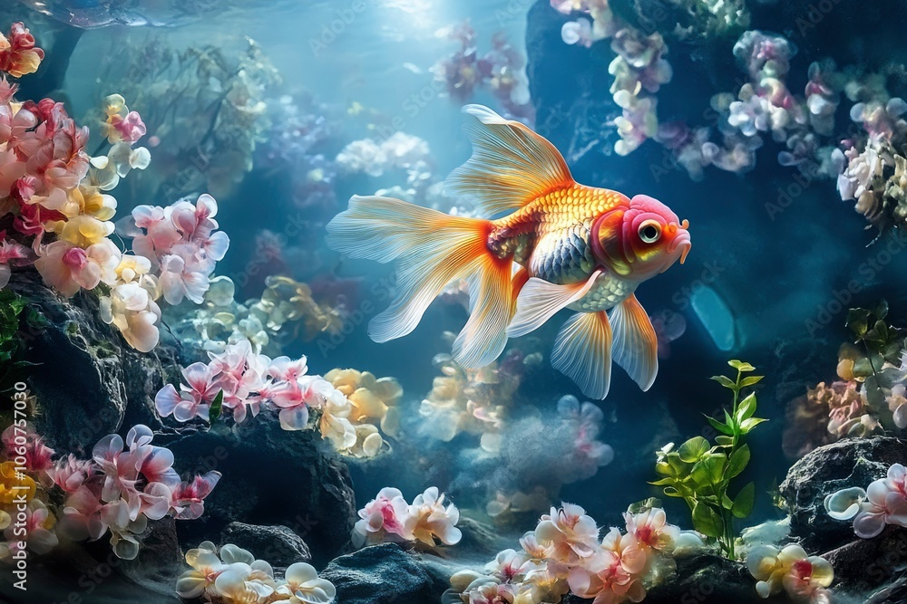 A Golden Fish Swimming Through Underwater Floral Decor A Golden Fish Swimming Through Underwater Floral Decor