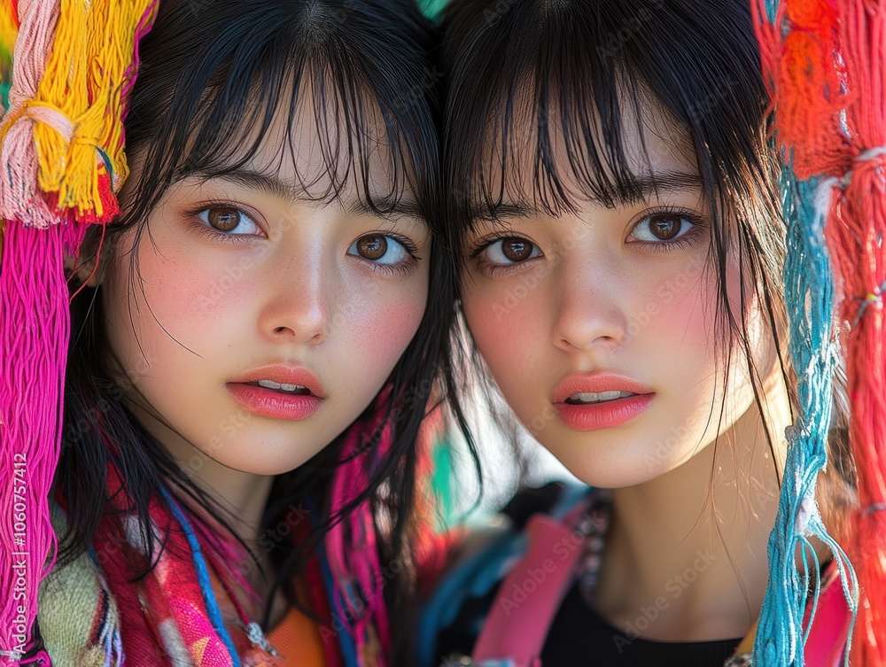 Two beautiful japanese girls posing with colorful yarn decorations. AI generated Two beautiful japanese girls posing with colorful yarn decorations. AI generated