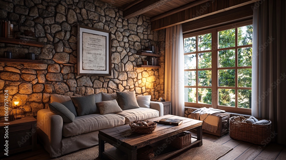 Creating a cozy rustic living room with comfortable linen sofa and natural elements to enhance relaxation and aesthetic appeal Creating a cozy rustic living room with comfortable linen sofa and natural elements to enhance relaxation and aesthetic appeal