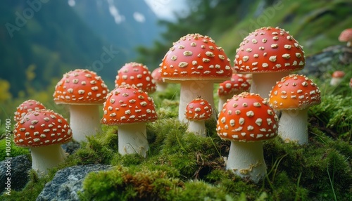 Vibrant red mushrooms with white spots growing in a lush green forest setting photo