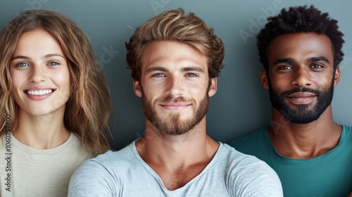 Three multiethnic young adults smiling together on grey background. AI generated