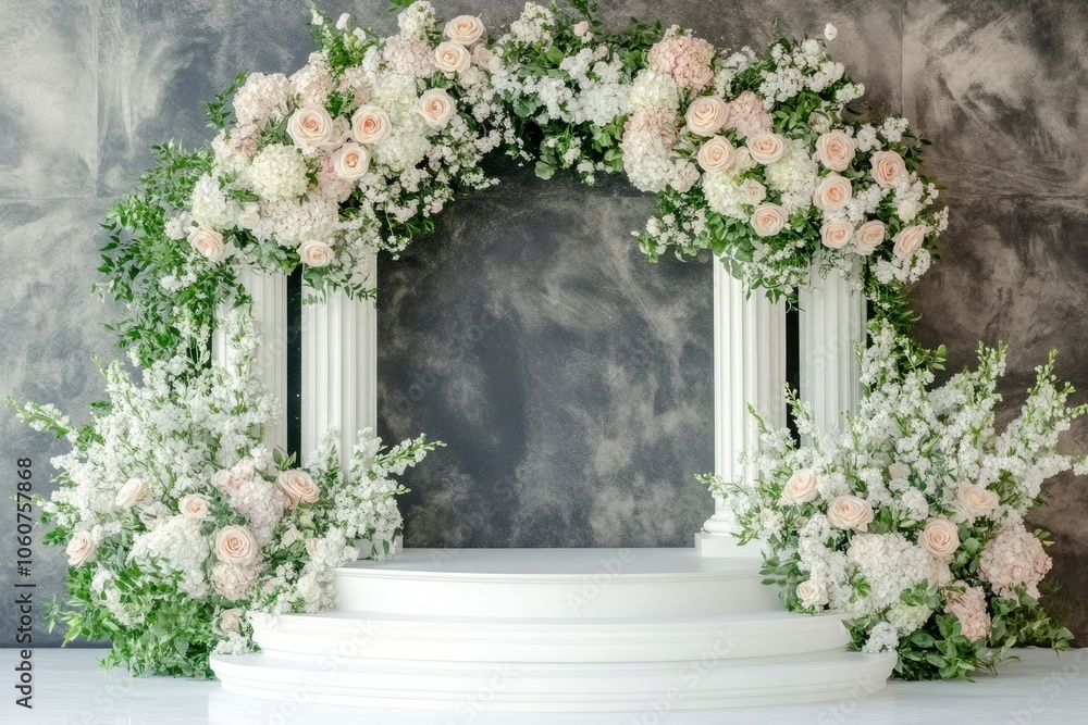 Fototapeta premium White Floral Archway with Circular Steps and Grey Background