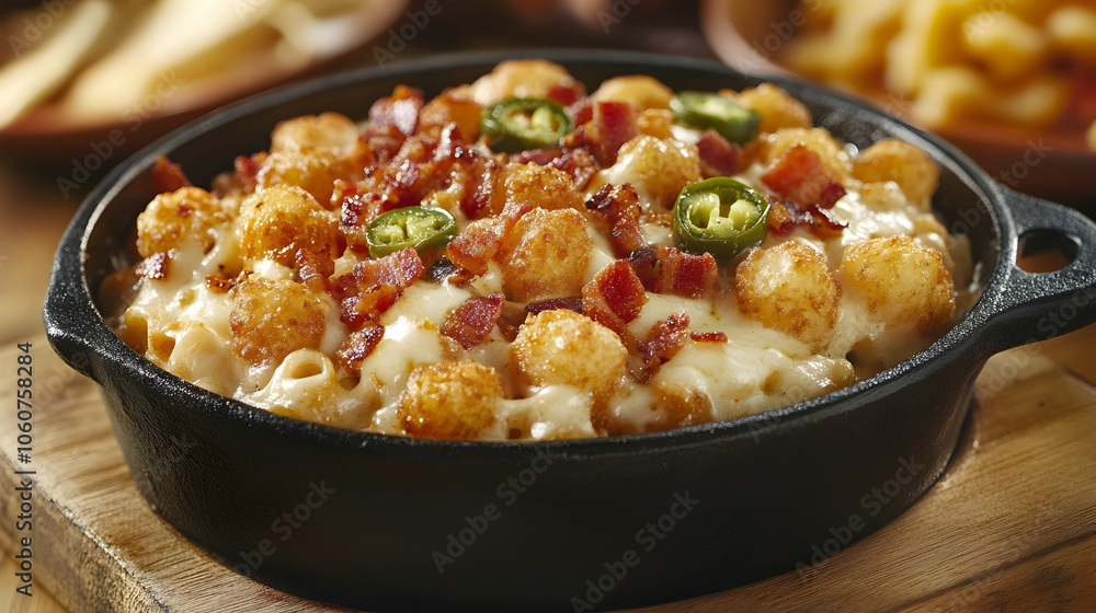 Gourmet tater tot mac and cheese with bacon and jalapenos Gourmet tater tot mac and cheese with bacon and jalapenos