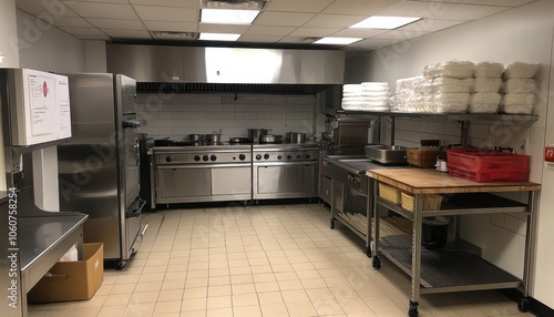 Empty commercial kitchen equipped with stainless steel appliances and counters