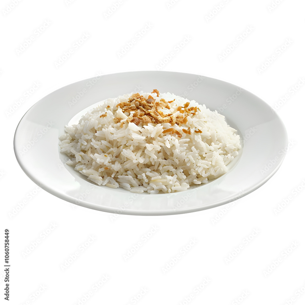 Simple dish of white rice topped with seasoning, served on a white plate, isolated on a transparent background Simple dish of white rice topped with seasoning, served on a white plate, isolated on a transparent background