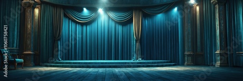 Ornate theater stage, teal blue velvet curtains, dramatic lighting, empty spotlight, vintage wooden floorboards, elaborate golden decorative moldings, mysterious atmosphere, dark shadows, grand perfor photo