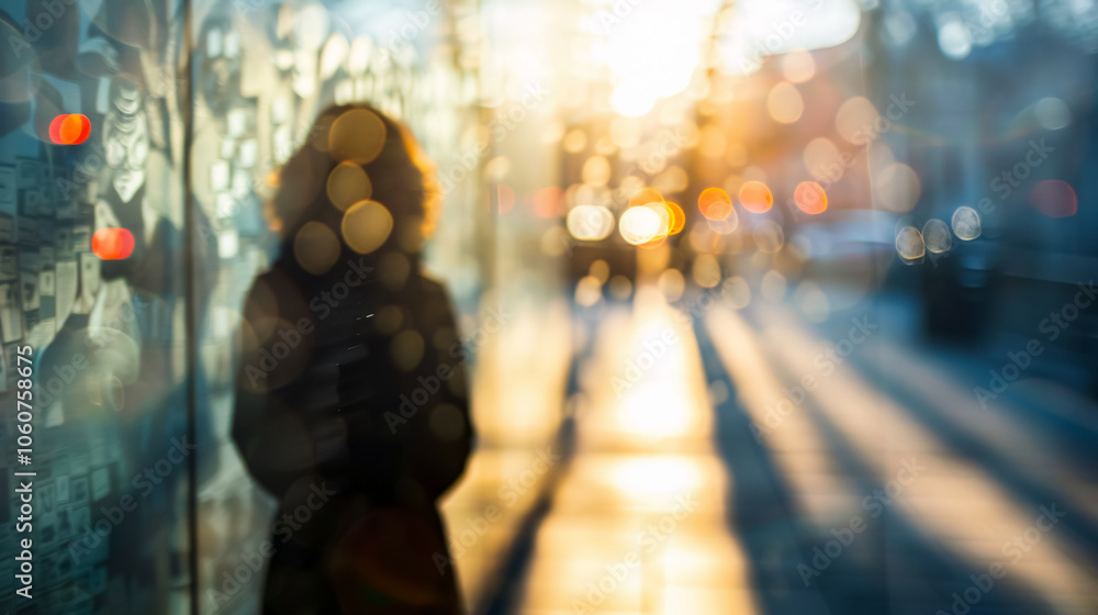 A blurry silhouette shadow of a person walking in the city during winter, highlighting the cold and serene ambiance. A blurry silhouette shadow of a person walking in the city during winter, highlighting the cold and serene ambiance.