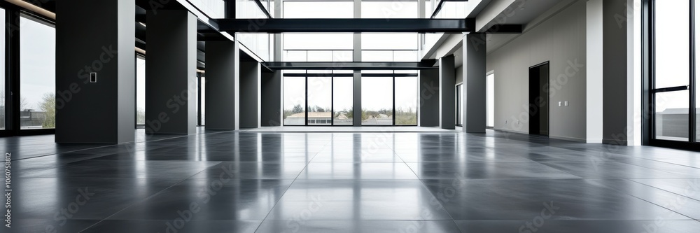 Obraz premium Modern empty office space, panoramic windows, sleek concrete floors, minimalist architecture, open plan, natural light, urban view, corporate interior, clean lines, spacious layout, monochromatic colo