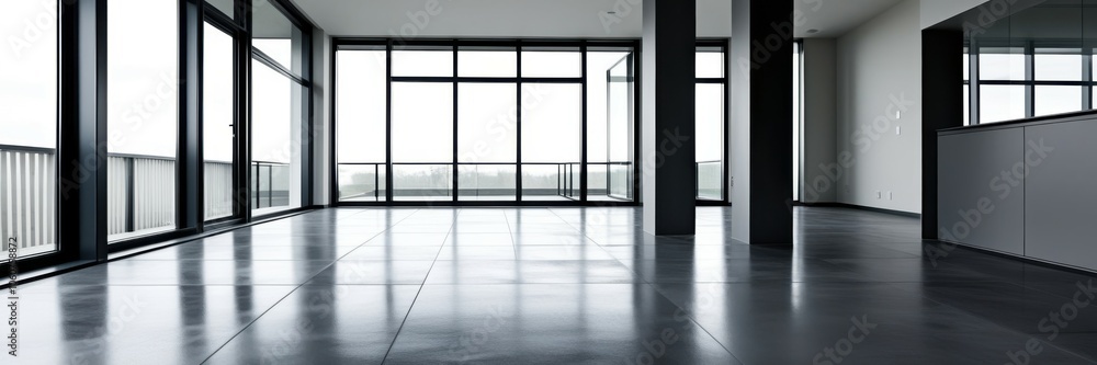 Modern empty office space, panoramic windows, sleek concrete floors, minimalist architecture, open plan, natural light, urban view, corporate interior, clean lines, spacious layout, monochromatic colo Modern empty office space, panoramic windows, sleek concrete floors, minimalist architecture, open plan, natural light, urban view, corporate interior, clean lines, spacious layout, monochromatic colo