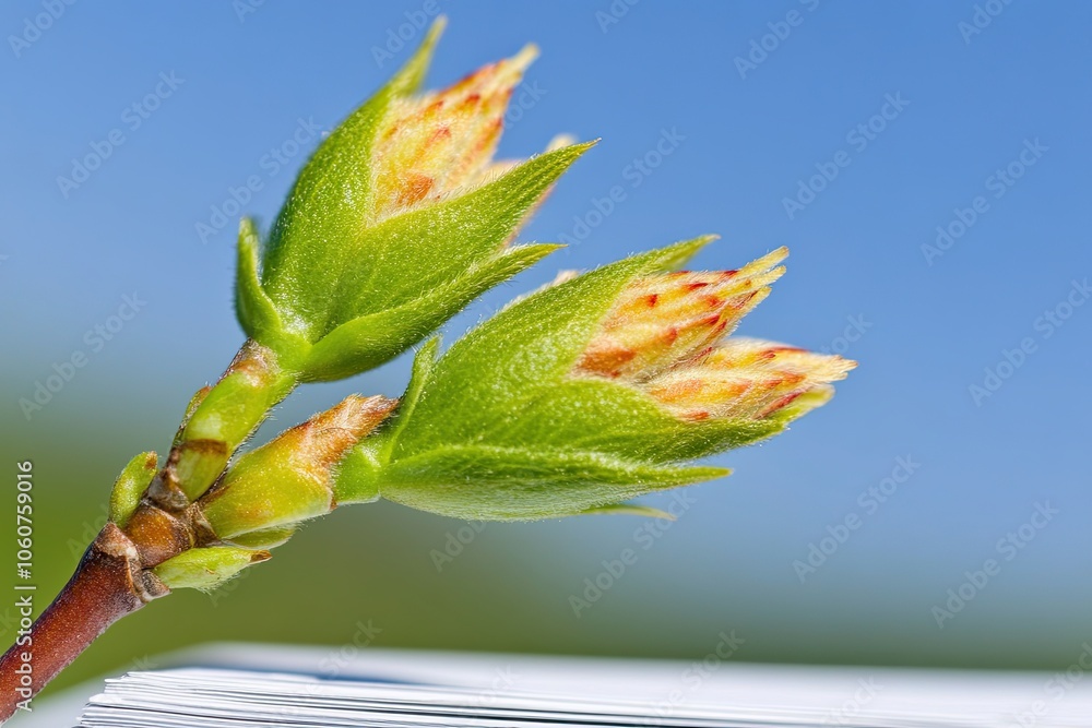 Buds Beginning to Bloom on a Tree Branch Under the Morning Sun Against a Clear Blue Sky Buds Beginning to Bloom on a Tree Branch Under the Morning Sun Against a Clear Blue Sky