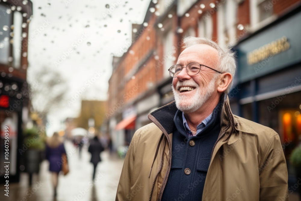 Portrait of happy senior man walking in the city. He is laughing and looking at camera. Portrait of happy senior man walking in the city. He is laughing and looking at camera.