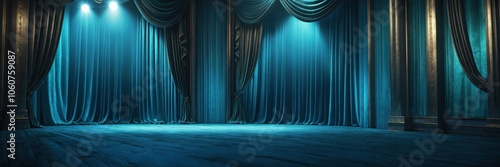 Ornate theater stage, teal blue velvet curtains, dramatic lighting, empty spotlight, vintage wooden floorboards, elaborate golden decorative moldings, mysterious atmosphere, dark shadows, grand perfor photo