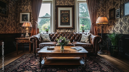 A cozy vintage living room showcases a tufted leather sofa complemented by antique decor and elegant lighting